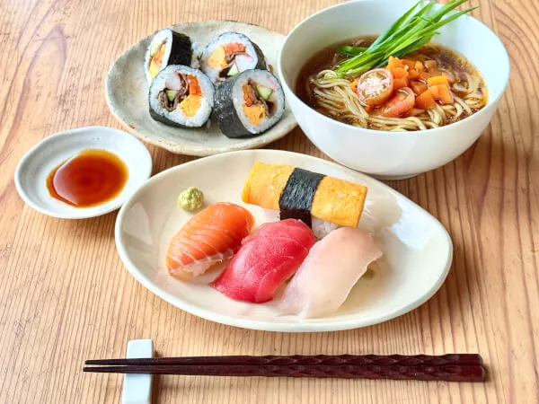 Shoyu Ramen & Nigiri Sushi & Wagyu Maki Sushi 